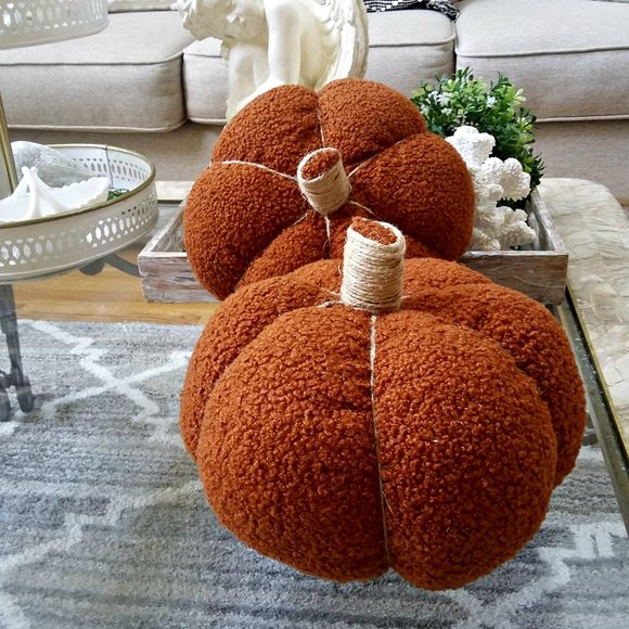 NEW! BOHO Farmhouse SET/2 SHERPA PUMPKINS - Picture 1 of 3